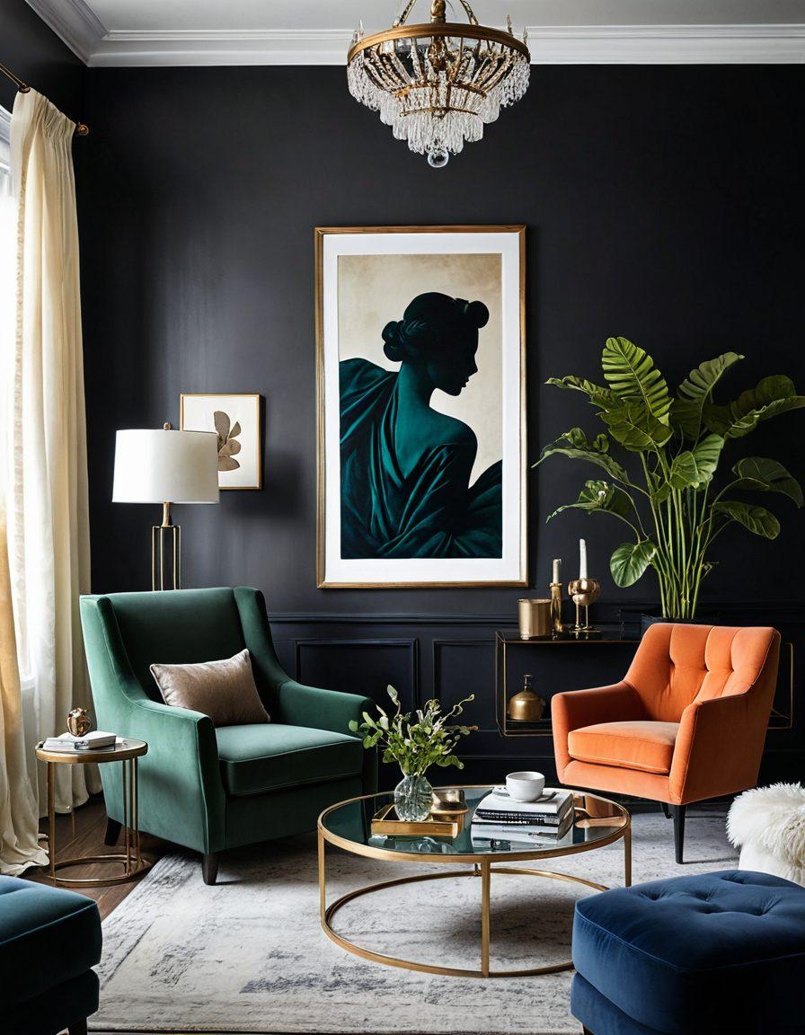 A beautifully arranged living room showcasing a blend of vintage decor and modern elegance. Include a vintage armchair, a sleek modern coffee table, and soft ambient lighting that highlights stylish elements. The walls should feature a mix of classic and contemporary art pieces, with lush greenery in the corners. The scene should exude warmth and harmony, inviting the viewer to explore different design aesthetics. super-realistic. vibrant colors. cozy atmosphere.