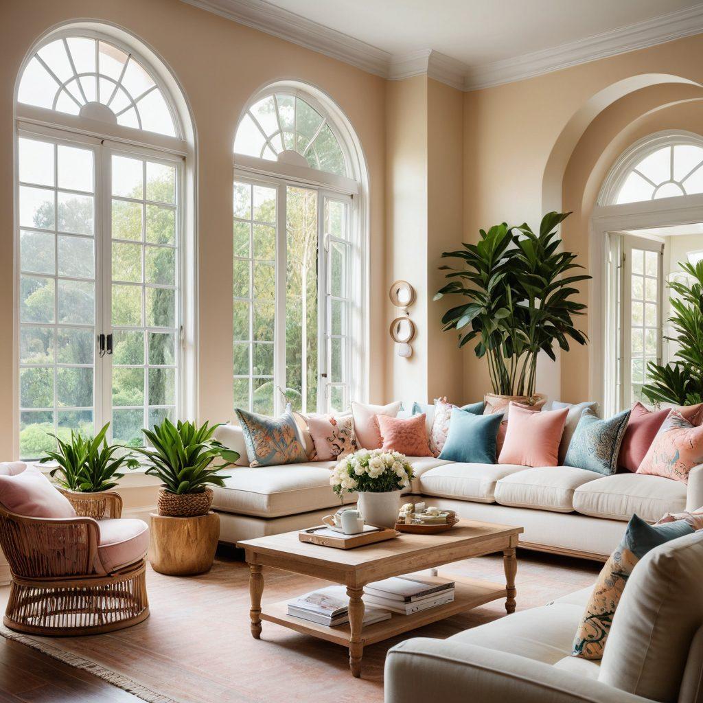 A stylish living room showcasing elegant home furnishings, featuring a plush sofa in soft pastel colors, intricately designed wooden coffee table, and decorative cushions artfully arranged. Include natural light streaming through large windows, illuminating the space with warmth and inviting atmosphere. Add touches of greenery with potted plants for a refreshing vibe. modern interior design, super-realistic, vibrant colors.