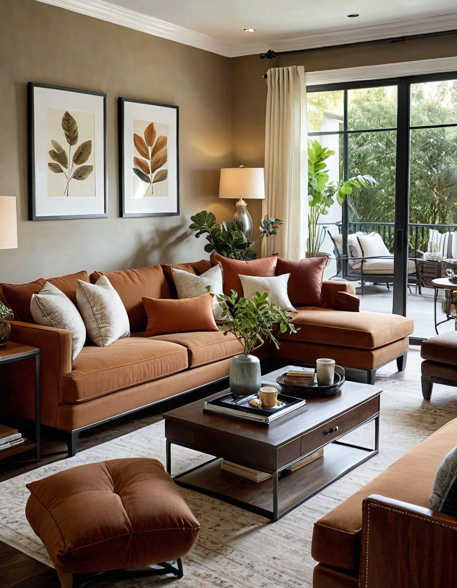 A beautifully arranged living room featuring a blend of stylish and functional furniture, showcasing a harmonious color palette with natural materials such as wood and metal. Include a cozy seating area with textured cushions, a chic coffee table, and decorative plants for an inviting atmosphere. Soft, ambient lighting adds warmth, highlighting the aesthetic appeal. Elegant accessories like art pieces and books enhance the overall look. vibrant colors. super-realistic.